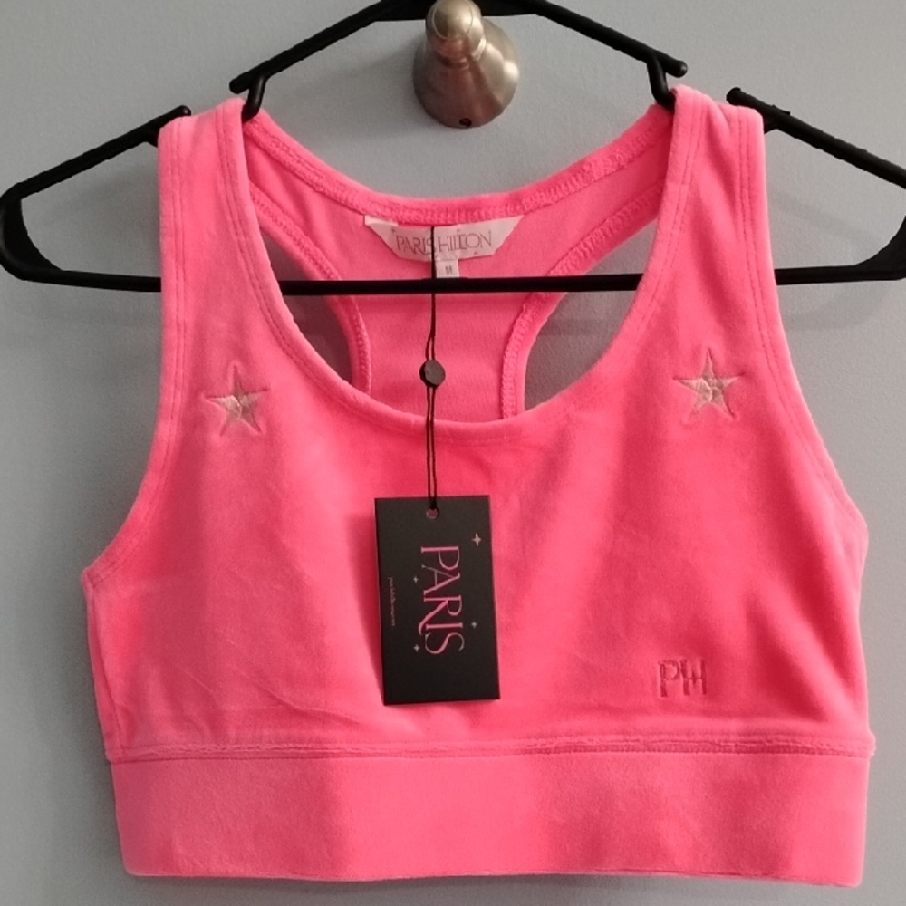 ✨ NWT Paris Hilton ❤️ Vibrant Pink Star-Embroidered Sports Bra Size Medium